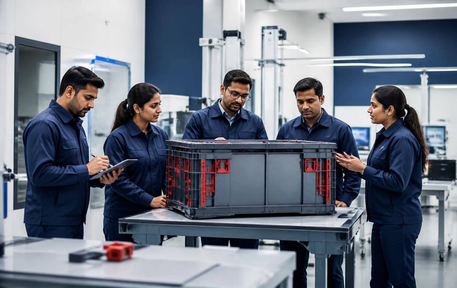 VEVRA engineers collaborating around a reusable packaging system